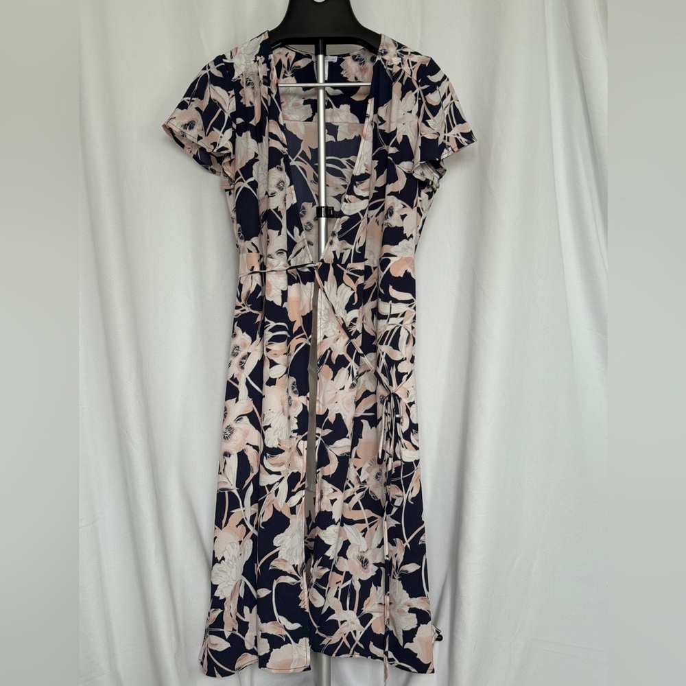Leith Blue and Cream Flutter Sleeve Wrap Maxi Dress
